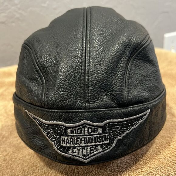🔥🔥 Vintage HARLEY-DAVIDSON Black Leather Embroidered Bandanna Hat XL - PERFECT - Picture 2 of 10